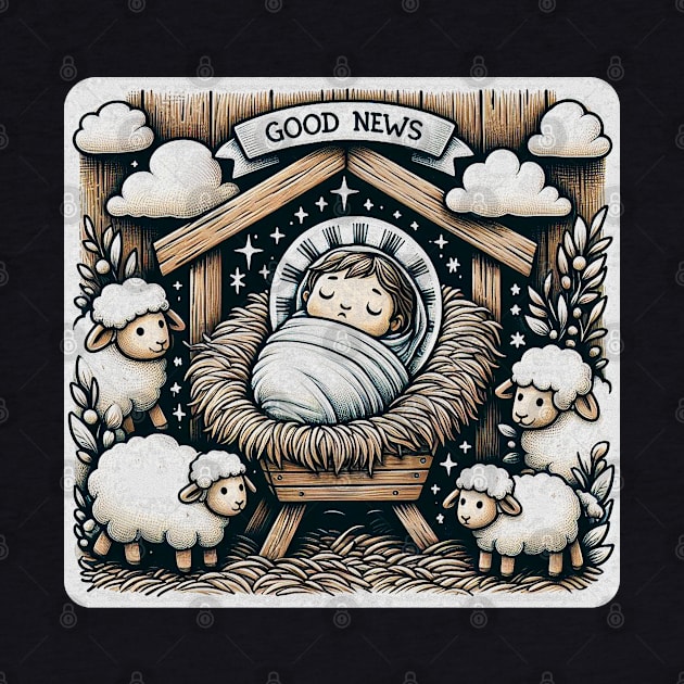 Newborn King Jesus Manger Baby Sheep Good News Gospel by Plushism